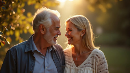 Shared glance revealing years of intimacy and fond memories intertwined in steps, Professional stock photo, AI generated photographの素材