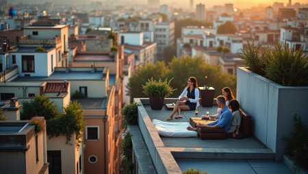 Aerial glimpse of rooftop terraces their inhabitants moving like miniature figures, Professional stock photo, AI generated photographの素材