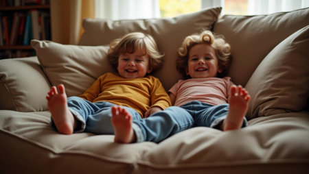 Grandchildren sprawled comfortably on cushions foot tapping to storytelling rhythm , Professional stock photo, AI generated photographの素材