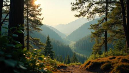 Final peaceful vistof forest as seen from their resting spot capturing the beauty of untouched wilderness, Professional stock photo, AI generated photographの素材