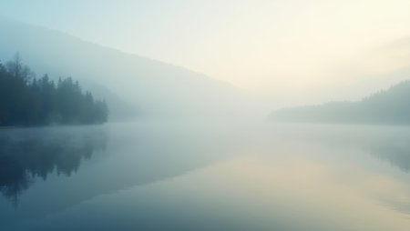Gentle fog rolling in over lake's surface adding dream-like quality to setting , Professional stock photo, AI generated photographの素材