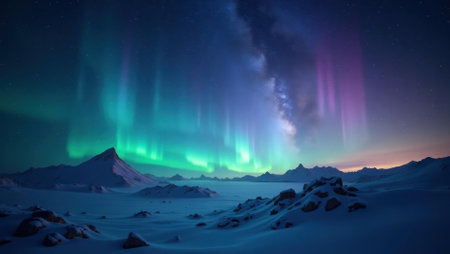 Glittering array of stars peeking through auroral display enhancing magical scene, Professional stock photo, AI generated photographの素材