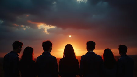 Heartwarming moment of shared silence as everyone takes in night's splendor, Professional stock photo, AI generated photographの素材