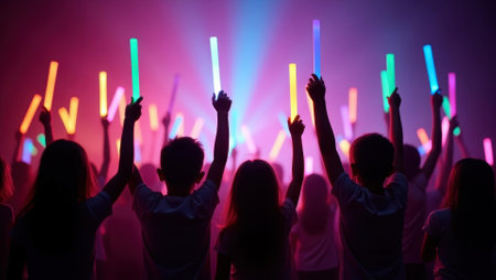 Children waving glow sticks in rhythm with vibrant display above, Professional stock photo, AI generated photographの素材