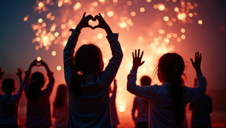 Children mimicking shapes of fireworks with their hands delighting in display, Professional stock photo, AI generated photographの素材
