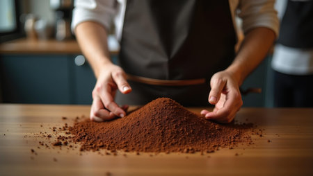 Barista's apron dusted with coffee grounds testament to busy morning, Professional stock photo, AI generated photographの素材