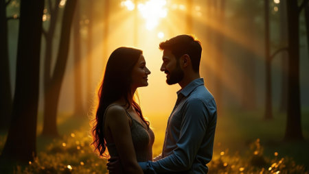 Couple exchanging tender glance surrounded by golden beauty of field, Professional stock photo, AI generated photographの素材