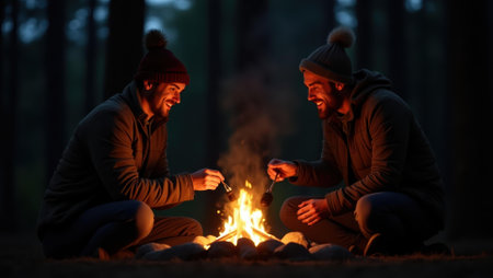 Couple lighting small campfire as dusk settles its warmth offering comfort, Professional stock photo, AI generated photographの素材