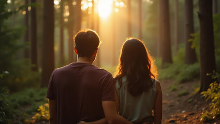Couple reflecting on day's adventure feeling deep connection with forest, Professional stock photo, AI generated photographの素材