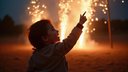 Delighted expression of child pointing upwards as each firework bursts with magic, Professional stock photo, AI generated photographの素材