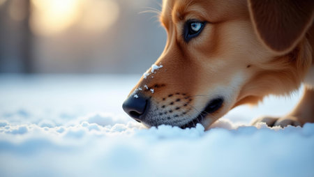 Dog's nose dusted with snow as it sniffs curiously at frosty ground, Professional stock photo, AI generated photographの素材