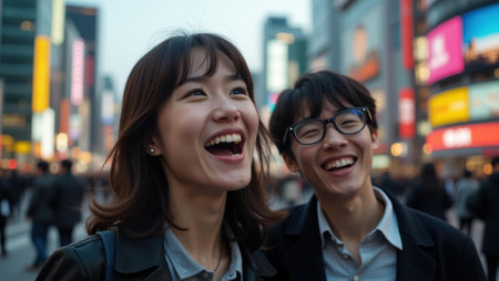Excitement in their eyes as they capture bustling energy of shibuycrossing behind them , Professional stock photo, AI generated photographの素材