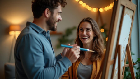 Husband pretending to paint with imaginary brush just to make his partner laugh , Professional stock photo, AI generated photographの素材