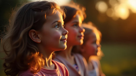 Magic of evening reflected in glistening eyes of youngest family members, Professional stock photo, AI generated photographの素材