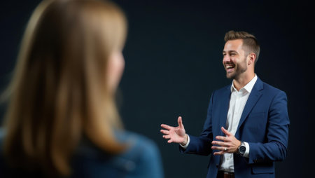 Presenter passionately describing growth tactics using dynamic energetic body language , Professional stock photo, AI generated photographの素材