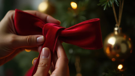 Hand tying velvet ribbon into bow adding touch of elegance to tree, Professional stock photo, AI generated photographの素材