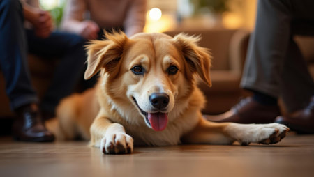 Content dog lounging at feet of guests hoping for tasty leftovers, Professional stock photo, AI generated photographの素材
