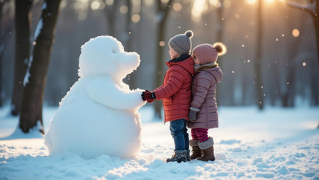 Decorative snow sculpture adding artistic touch beside family photo moment, Professional stock photo, AI generated photographの素材