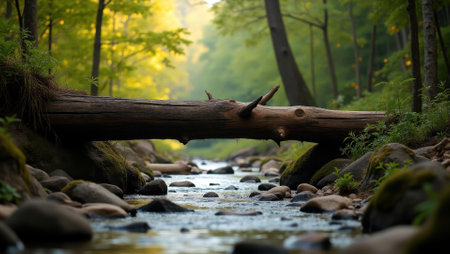 Fallen tree bridging narrow creek serving as playful challenge on their journey, Professional stock photo, AI generated photographの素材