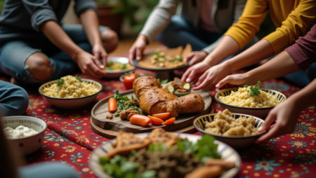 Group sharing communal meal on colorful tapestry embodying hospitality and togetherness, Professional stock photo, AI generated photographの素材