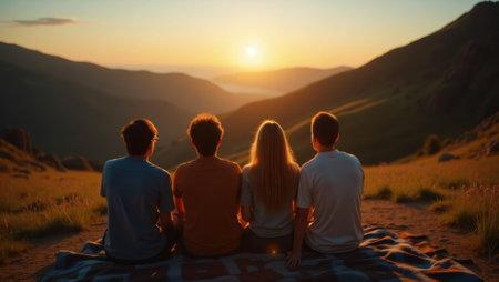 Scenic view of friends enjoying nature and cinematic fulfilling harmonious blend, Professional stock photo, AI generated photographの素材