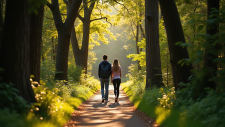 Young couple traversing narrow winding path surrounded by towering trees and lush foliage, Professional stock photo, AI generated photographの素材