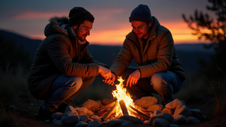 Couple lighting small campfire as dusk settles its warmth offering comfort, Professional stock photo, AI generated photographの素材