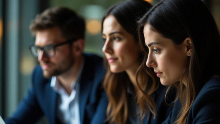 Candid image of concentrated faces deeply immersed in unfolding business narrative, Professional stock photo, AI generated photographの素材