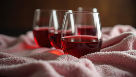 Delicate wine glasses filled with crimson red wine perched on blanket, Professional stock photo, AI generated photographの素材