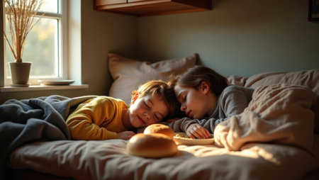 Cozy nook in kitchen where mother and son curl up after baking for well-deserved rest, Professional stock photo, AI generated photographの素材
