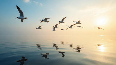 Flock of seabirds taking flight mirrored against awakening sky , Professional stock photo, AI generated photographの素材