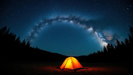 Low-angle shot capturing stunning milky way arching over campsite , Professional stock photo, AI generated photographの素材