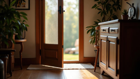 Screen door gently creaking open adding homey touch to her peaceful crafting day, Professional stock photo, AI generated photographの素材