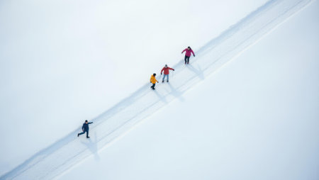 Top shot of family trampling fresh snow leaving trail of happy footprints, Professional stock photo, AI generated photographの素材