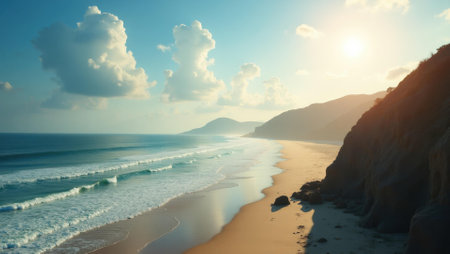 Her progress driving away shadows making way for today's potential along the coast , Professional stock photo, AI generated photographの素材
