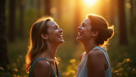 Laughter intermingling with forest sounds adding cheer to evening shadows, Professional stock photo, AI generated photographの素材