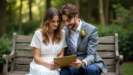 Lgbtq couple seated on rustic garden bench sketching ideas for their ceremony, Professional stock photo, AI generated photographの素材