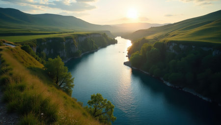 River curving gracefully through landscape inviting exploration and wonder, Professional stock photo, AI generated photographの素材
