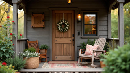 Rustic charm of her porch enhanced by personal touches of her completed crafts, Professional stock photo, AI generated photographの素材