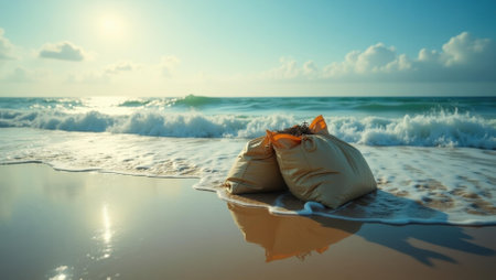 Sound of bags rustling in sync with ocean's melody showing harmony of effort and nature, Professional stock photo, AI generated photographの素材