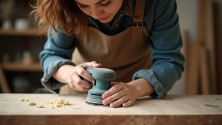 Womcarefully sanding piece of reclaimed wood to be used in future project, Professional stock photo, AI generated photographの素材