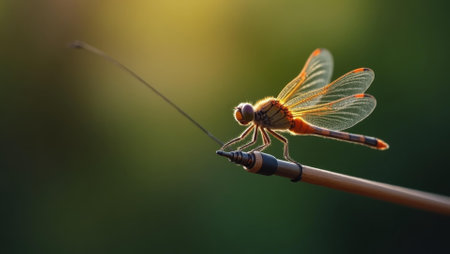 Dragonfly landing on tip of fishing rod momentarily captivating both , Professional stock photo, AI generated photographの素材