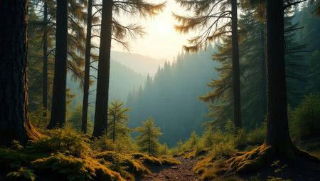 Final peaceful vistof forest as seen from their resting spot capturing the beauty of untouched wilderness, Professional stock photo, AI generated photographの素材