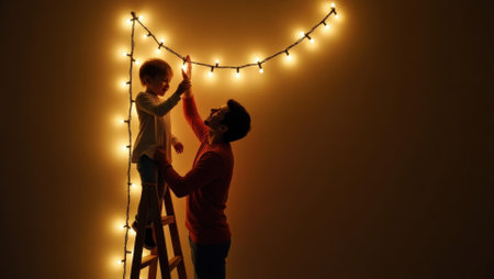 Ladder supporting family member reaching high to drape final strand of lights perfectly, Professional stock photo, AI generated photographの素材