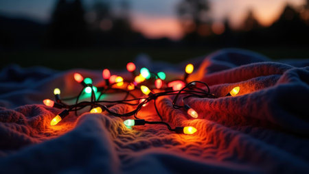 Mess of colorful string lights twinkling around their blanket as evening sets in, Professional stock photo, AI generated photographの素材