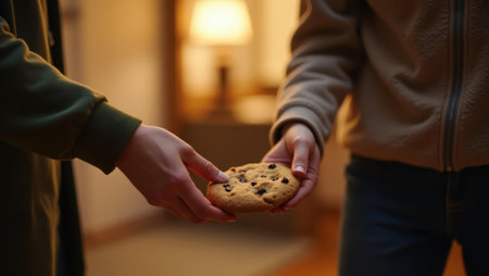 Snapshot of two sneaking warm cookies to loved ones spreading joy around house, Professional stock photo, AI generated photographの素材
