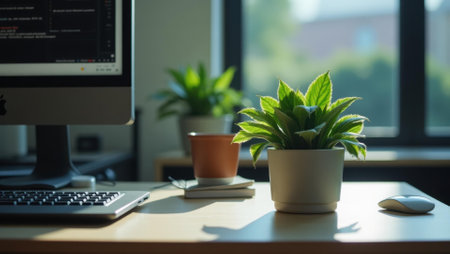 Strategically placed plant adding touch of nature to highly technical workspace, Professional stock photo, AI generated photographの素材