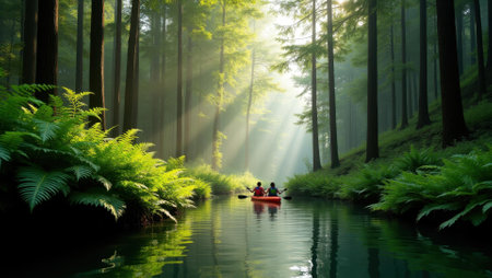 Lush ferns and tall trees forming natural amphitheater for their kayaking journey, Professional stock photo, AI generated photographの素材