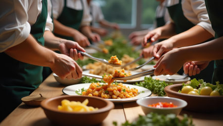 Participants exchanging recipes and cooking techniques fostering sense of global community, Professional stock photo, AI generated photographの素材