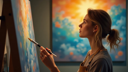 Artist stepping back to assess her work brush in hand engaging in quiet reflection , Professional stock photo, AI generated photographの素材